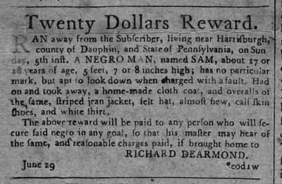 Ad placed by Richard Dearmond for runaway Samuel, 1796.